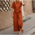 thumbnail image 2 of Casual Women's Linen 2-Piece Set Solid Color Loose Comfortable T-Shirt + Wide Leg Pants Homewear Casual Sportswear-Turquoise-XXXL, 2 of 7