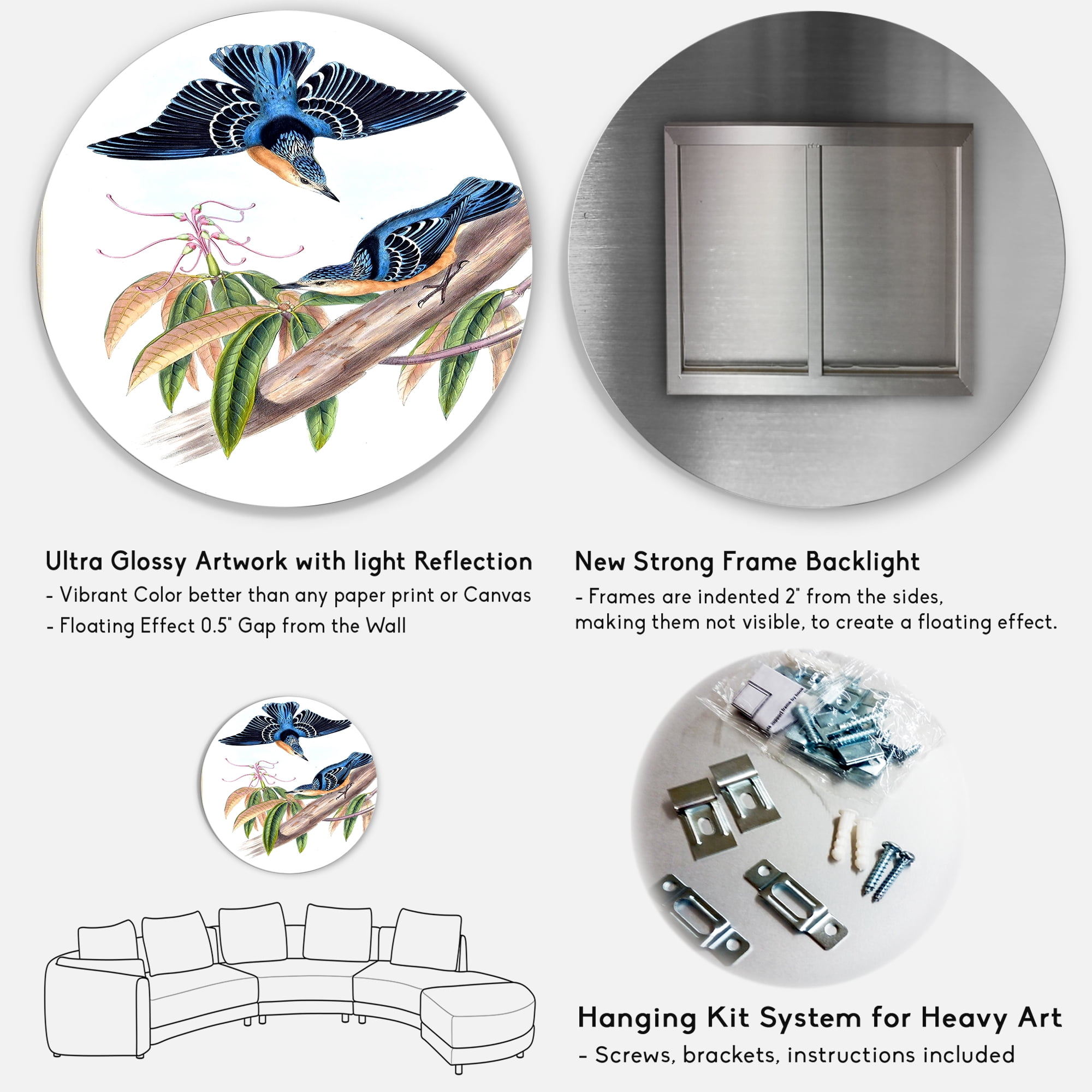 Designart 'Vintage Countryside Birds On Branch V' Farmhouse Circle Metal Wall Art 11x11 - Disc of 11