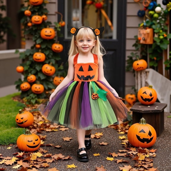 EnJoCho Toddler Girls Halloween Pumpkin Tutu Dress with Headband - Tulle Dress Set for Fall Photo 𝖲hoots, Princess Par𝗍y Outfit Performance Dress