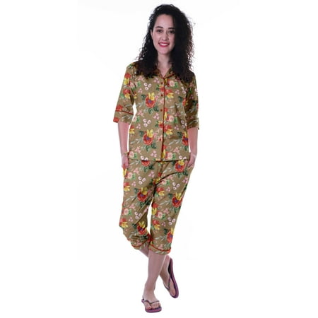 

Moomaya Printed Cotton 3/4 Sleeve Shirt With Capri 2 Piece Nightwear Set Sleepwear For Womens