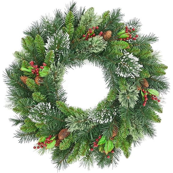 24 Inch Christmas Wreath, Outdoor Christmas Wreath with Red Artificial Poinsettia Flowers Ball Ornaments Pine Cones Berries for Door Wall Window Fireplace Home Holiday Decorations