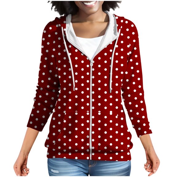 Wenini Women's Polka Dot Full Zip Hoodie Jacket Long Sleeve Loose Casual Sweatshirt Coat with Side Pockets Fashion Outerwear Coat