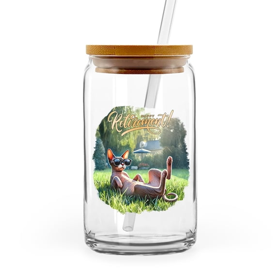 Happy Retirement with Sphynx Enjoy Life Rest Time 16oz Glass Cup Mug Cat Lover Kitten Owner Gifts Idea Glass Can with Bamboo Lid and Straw - 02027