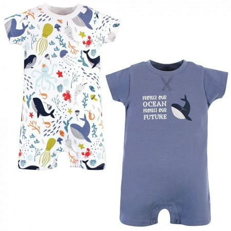 Touched by Nature Unisex Baby Organic Cotton Rompers, Ocean, 3-6 Months