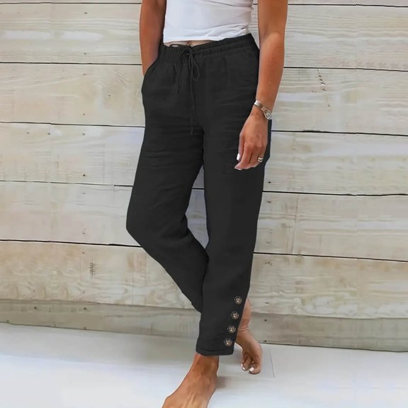 Women Linen Pants Summer Casual Drawstring Elastic Waist Pants Lightweight Capris Beachwear,Linen Pants with Pockets Side Button High Waist Comfy Gauze Pants Loose Trousers Ankle Cropped Pants L