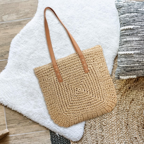 Bolso de hombro para mujeres Bolso de compras Lady Boho Woven Handbag para trabajo de vacaciones primavera Beige