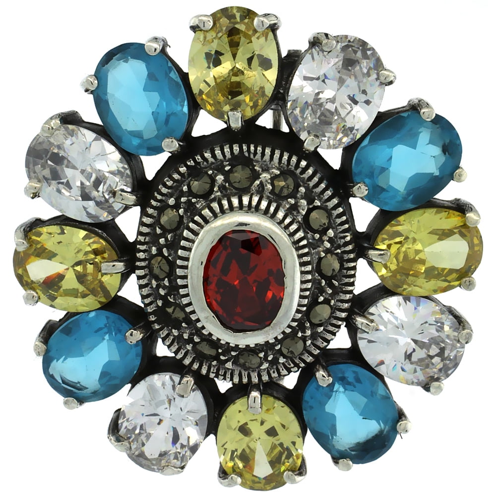 Sterling Silver Marcasite Large Flower Brooch Pin w Oval Cut Multi Color Stones, 1 1 2 inch (40 mm) by WorldJewels