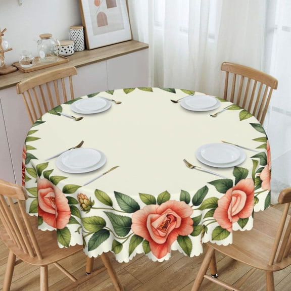 Classic Pink Rose Simple Wreath Round Tablecloth Waterproof Oil-Proof Plastic Table Cloth Stain-Resistant Wipeable 60" for Camping, Dining, Indoor and Outdoor