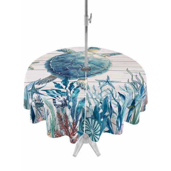 Outdoor Tablecloth with Umbrella Hole for Patio/Picnic/Party/Camping, Teal Sea Turtle Waterproof Table Cloth Round Cover Washable, Coastal Summer Beach Coral Seaweed Wood (Dia 54")