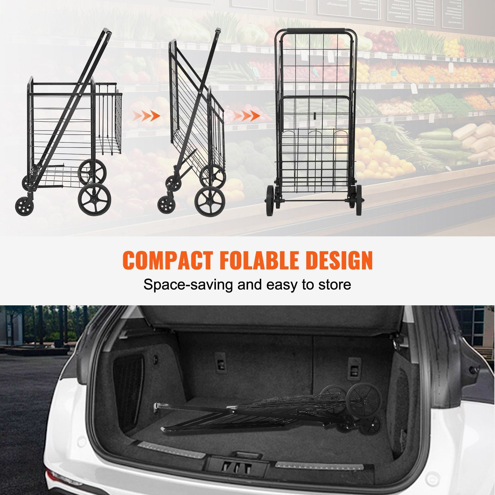 Folding Shopping Cart with Double Baskets, 110 LBS Capacity Heavy Duty Utility Cart, 360° Swivel Wheels, Portable Grocery Cart for Shopping Laundry Luggage