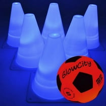 GlowCity Light-Up Soccer Ball and Cones – Blazing Red Edition Glow-in-the-Dark Size Official 5 Ball and 6 LED Agility Cones – Ideal for Youth Training, Indoor or Outdoor Play - Batteries Fitted (Blue)