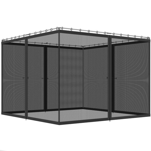 4-Panel Replacement Gazebo Mosquito Netting, 12' x 12' Black Nylon Mesh Screen Walls with Zippers and Hooks for Patio Canopy, Outdoor Dining and Garden Gathering Areas
