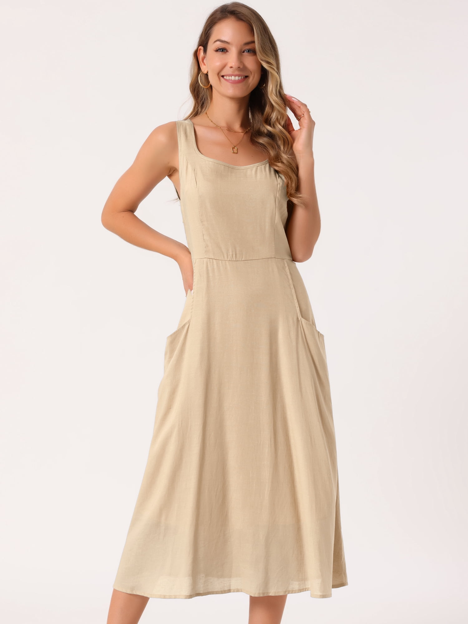 DARING DIVA Women's Sleeveless Loose Flowy Midi Tank Beach Dress M Khaki