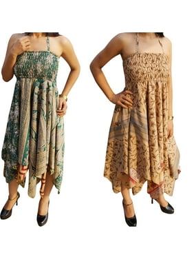 Mogul Lot Of 2 Womens Summer Fashion Dress Recycled Vintage Sari Handkerchief Hem Boho Style Halter Neckline Sundress XS