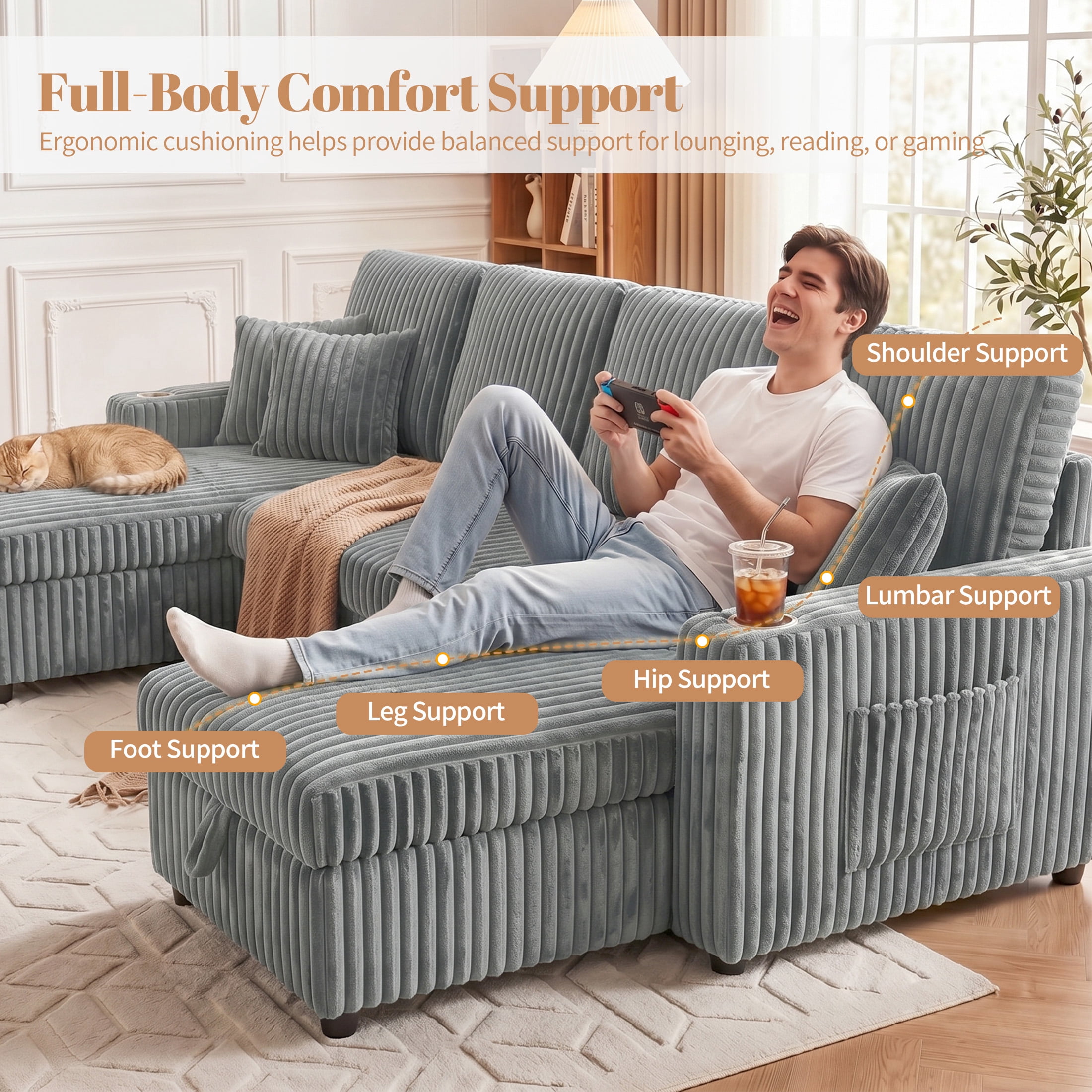Aenkyo 110" U-Shaped Sleeper Sofa with Pull Out Bed, Storage Chaises and USB, Light Gray