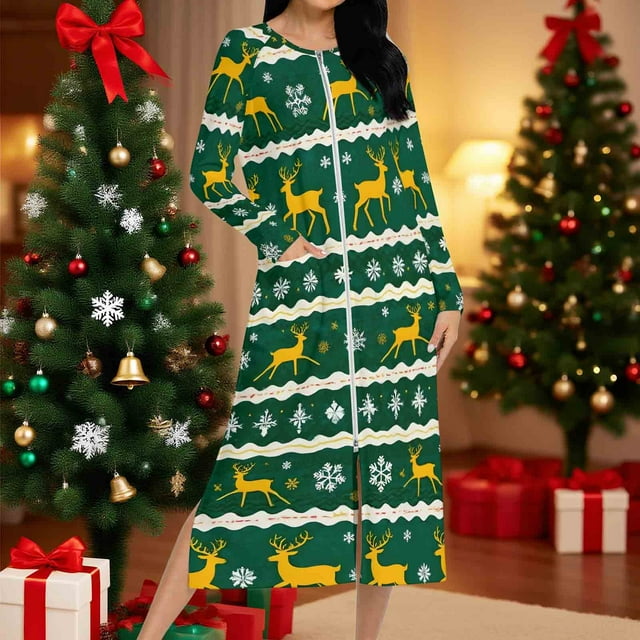 Batas para mujer, camisón con estampado navideño y camisón de invierno con cremallera y bolsillos, pijama holgado para mujer