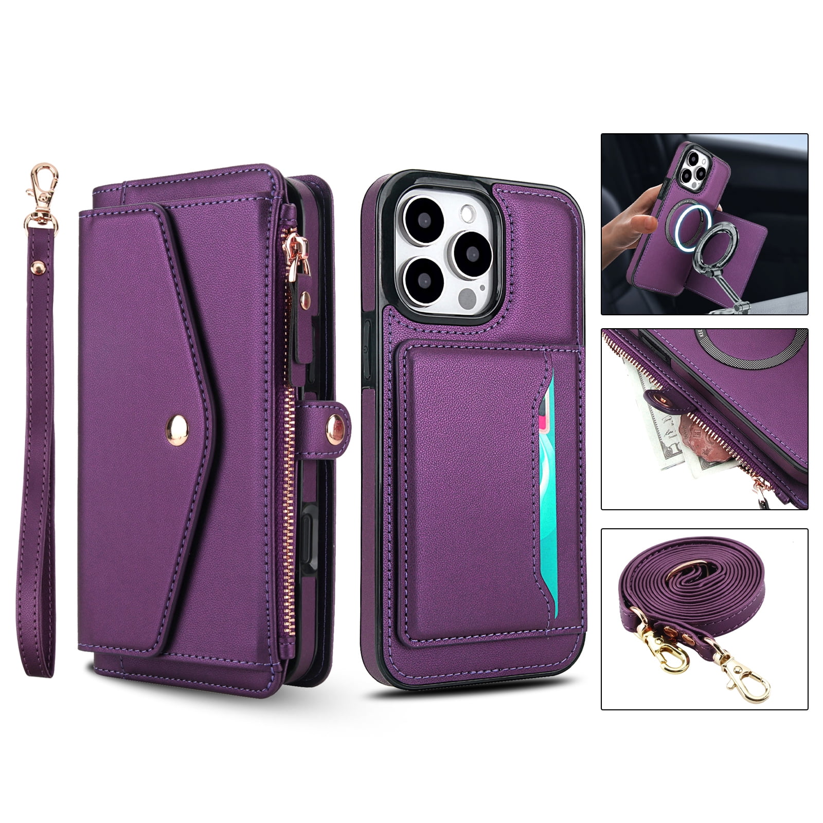 Designed for iPhone 15 Pro Multi-Function Wallet Phone Case,With Shoulder Strap&Wrist Strap,Cash Pocket&Card Slots,Zipper Purse,Magnetic Detachable PU Leather Flip Phone Case,Purple
