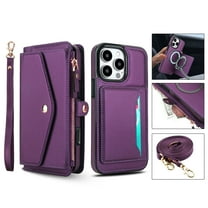 For iPhone 14 Pro Crossbody Wallet Phone Case,Magnetic Detachable Flip,With Shoulder Strap&Wrist Strap,Zipper Pocket,Card&Cash Slots,PU Leather Shockproof Rugged Phone Case,Purple