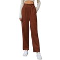 thumbnail image 2 of Women Button Up Pocket Corduroy Pants, Ruffle Trim Elastic Waist Long Trousers Side Pocket Pants For Daily Work, 2 of 5
