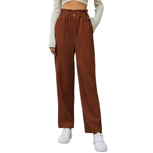 Women Button Up Pocket Corduroy Pants, Ruffle Trim Elastic Waist