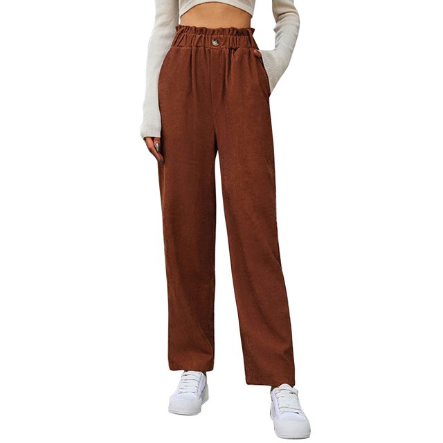 Pantalones de pana para mujer, pantalones de pierna recta, pantalones con bolsillos laterales abotonados, pantalones largos con cintura elástica y ribete de volantes