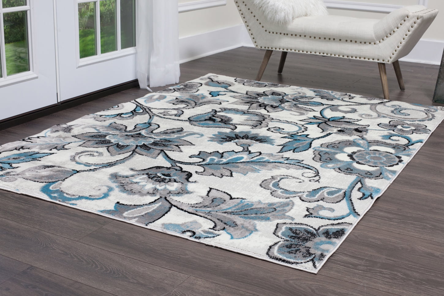 Designer Home Area Rug Ivory Blue Transitional Modern Floral Petals Rug