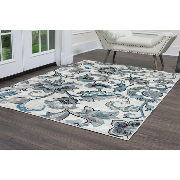Area Rug  Ivory Blue Transitional Modern Floral Petals Rug - 7' 10" x 10' 4" Rectangle
