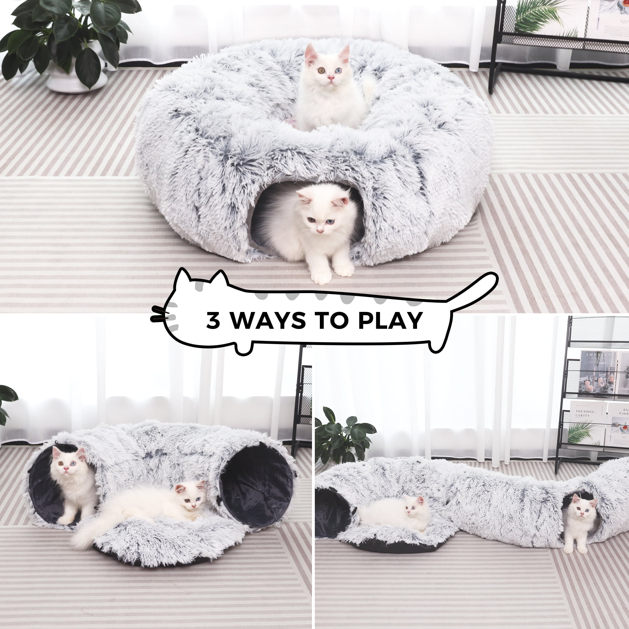 LJSXFI Plush Cat Tunnel with Cat Bed for Indoor Cats, Multifunctional Cat Donut Tunnel for Small Medium Large Cats Kitten Rabbit Puppies