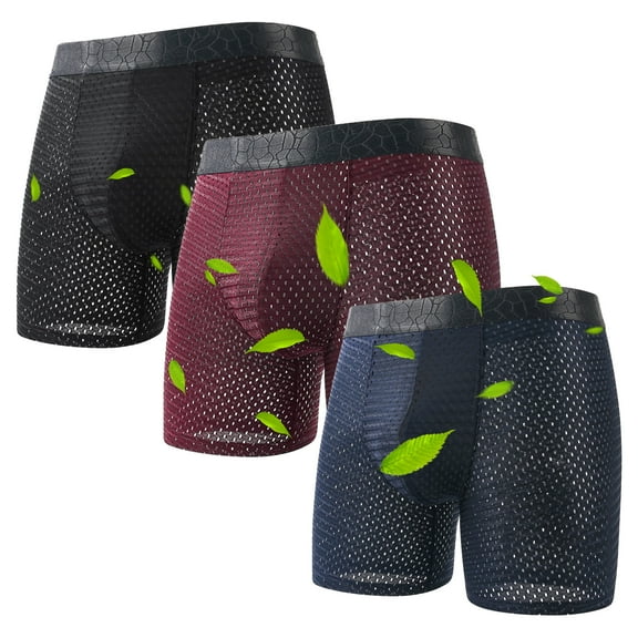 NKZNKZ Bamboo Fiber Boxer Briefs Men's Underwear Boxer Briefs with Covered Waistband, Mesh Underwear Boxer Briefs Long Leg Boxer Briefs Mesh Fly & Breathable 3 Pack, L