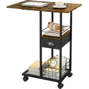 C Shaped Sofa Side Table with Wheels Rolling Small Coffee Table with Drawer Portable TV Tray Table for Couch Bedside Table with Storage Narrow Nightstand for Bedroom End Tables Livin