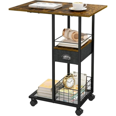 C Shaped Sofa Side Table with Wheels Rolling Small Coffee Table with Drawer Portable TV Tray Table for Couch Bedside Table with Storage Narrow Nightstand for Bedroom End Tables Livin