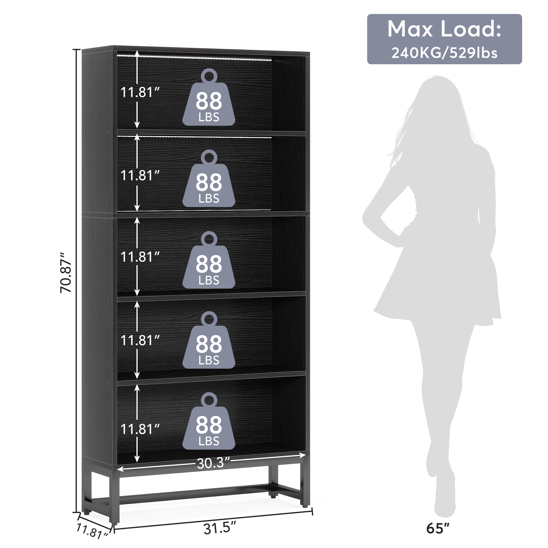 Tribesigns 70.8" Tall Bookcase with LED Lights, 5-Tier Large Bookshelf Heavy Duty Bookcases Organizer Free-Standing Library Bookshelf, Black