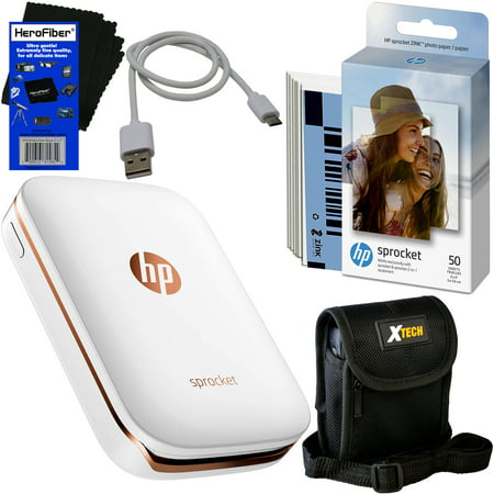 HP Sprocket Photo Printer, Print Social Media Photos on 2x3 Sticky-Backed Paper (White) + Photo Paper (60 sheets) + Protective Case + USB Cable + HeroFiber® Gentle Cleaning (Best Media For Cleaning Brass Cases)