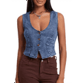 thumbnail image 2 of Elippeo Women Denim Vest Sleeveless V Neck Button Vest Outwear Gilet with Pockets for Casual Street, 2 of 9