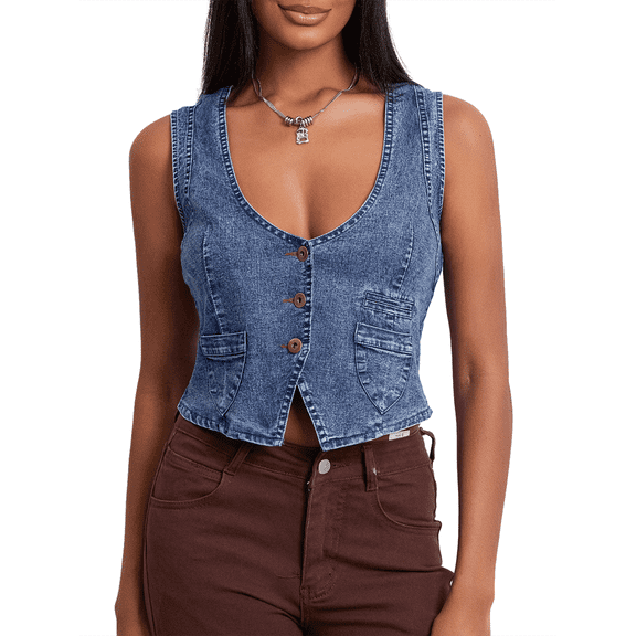 LMLYSoH Women Denim Vest, Sleeveless V Neck Button Vest Outwear Gilet with Pockets for Casual Street