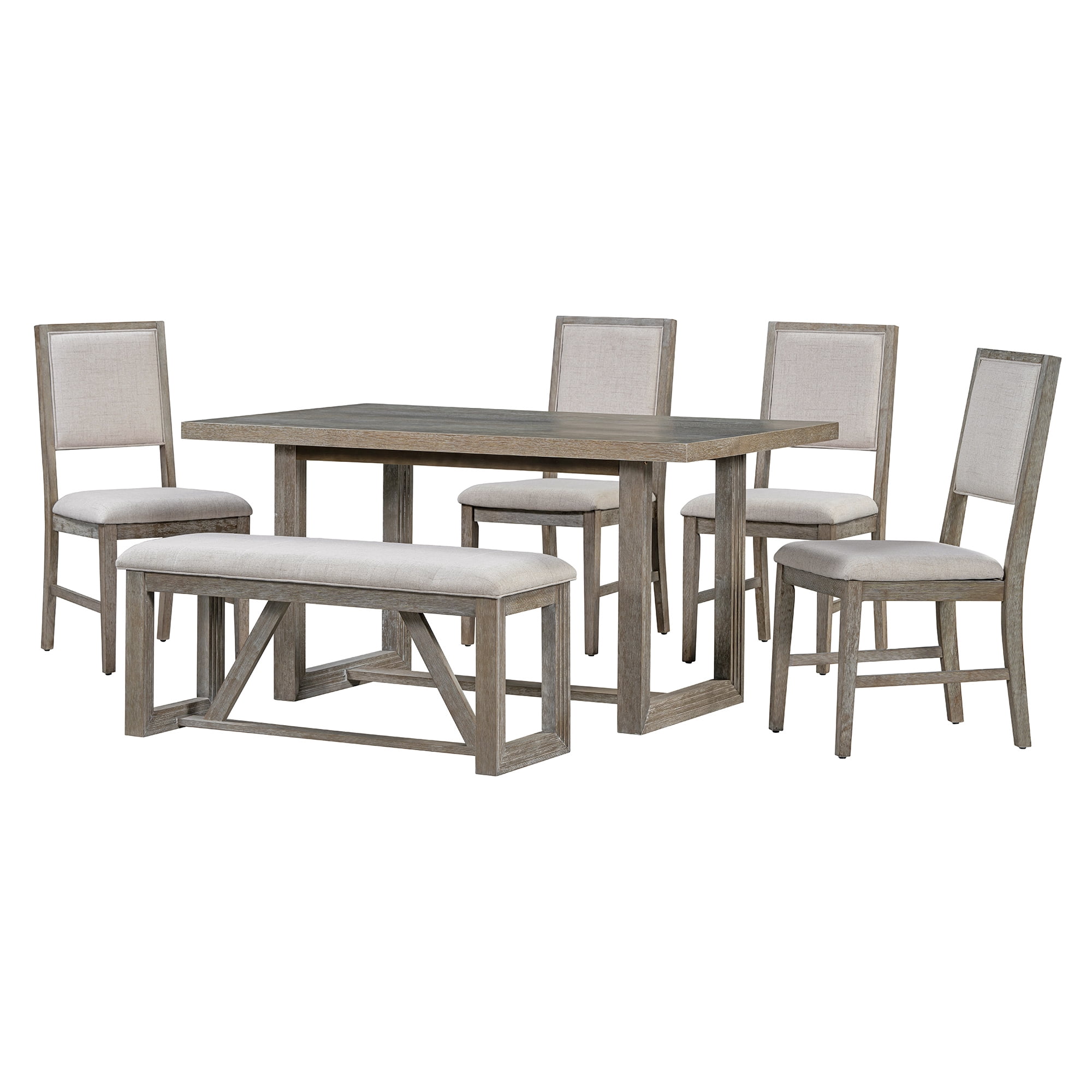 MAYEERTY 6-Piece Retro Dining Table Set for 6, 60" Wood Kitchen Table and Chairs Set of 4 with Bench Designed Trestle Base for kitchen & Dining Room (Gray)