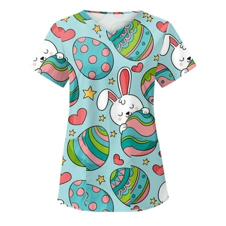 

Women s Easter Scrub Workwear Cute Bunny Short Sleeve Nursing Tops Casual Holiday Scrub T-Shirt with Pockets