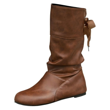 

Winter Chelsea Boots for Women Ladies Solid Color Large Size Retro Round Toe Boots Bowknot Slope Heel Thick Sole Lightweight Mid Calf Boots Knee High Boots(Size:7)