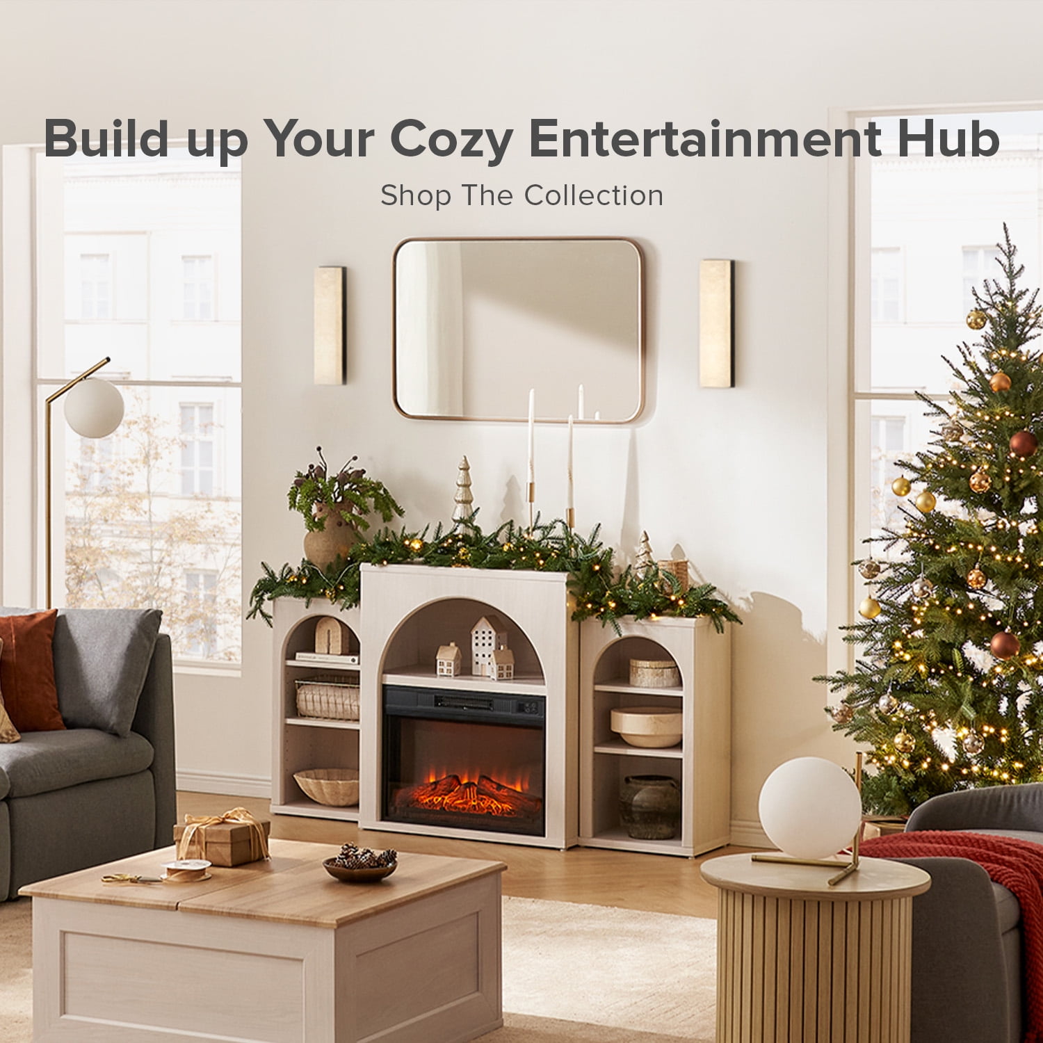 Mopio Blake 59" Arched TV Stand, Fireplace Mantel, Modular Side Storage Shelves, Entertainment Center for Living Room, Credenza, Media Console (White, With Insert)