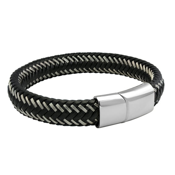 555Jewelry Mens Bracelets Braided Silver & Black Leather and Steel Magnetic Clasp, Silver, 8.25 Inch