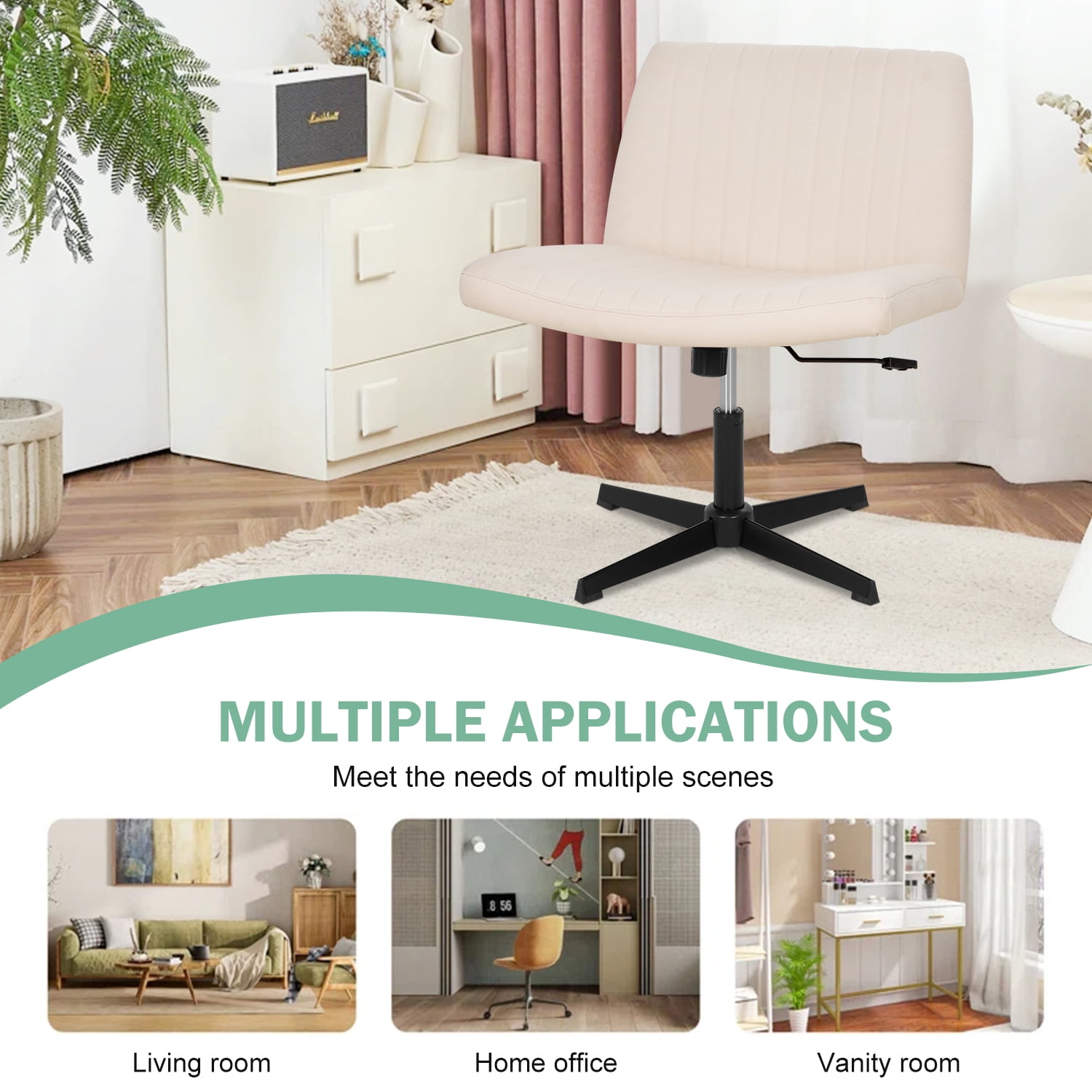 NiamVelo Criss Cross Chair, Wide Desk Chair No Wheels Vanity Chair Adjustable Computer Chair Modern Task Chair Armless Office Chair for Adults （Beige）