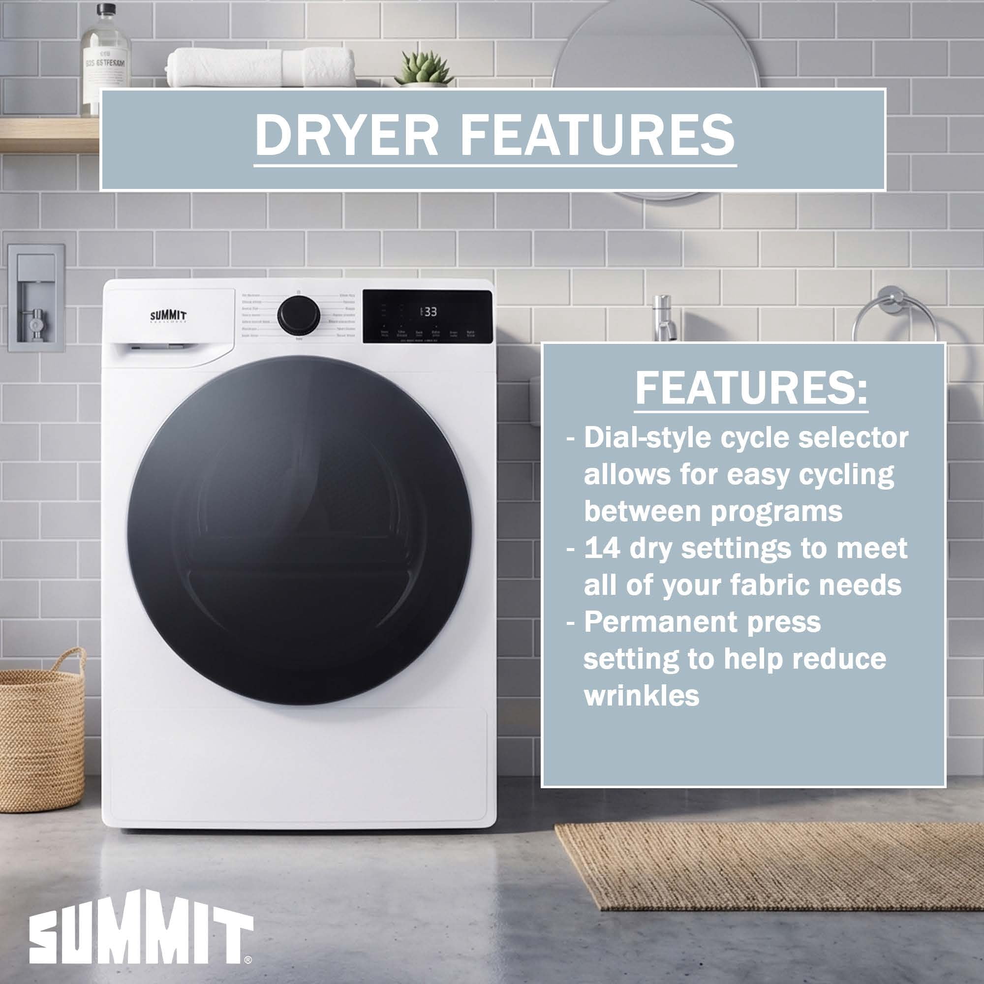 Summit 4.1 cu.ft. Dryer, ENERYSTAR Certified, 208-240V, 15.4 lbs Load, 24 Inch Wide, White - SLDV342