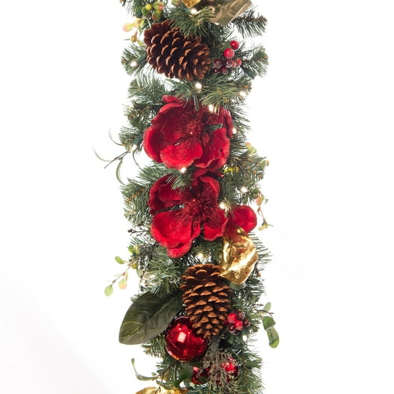 Village Lighting 9 ft. Pre-Lit LED Garland - Red Magnolia