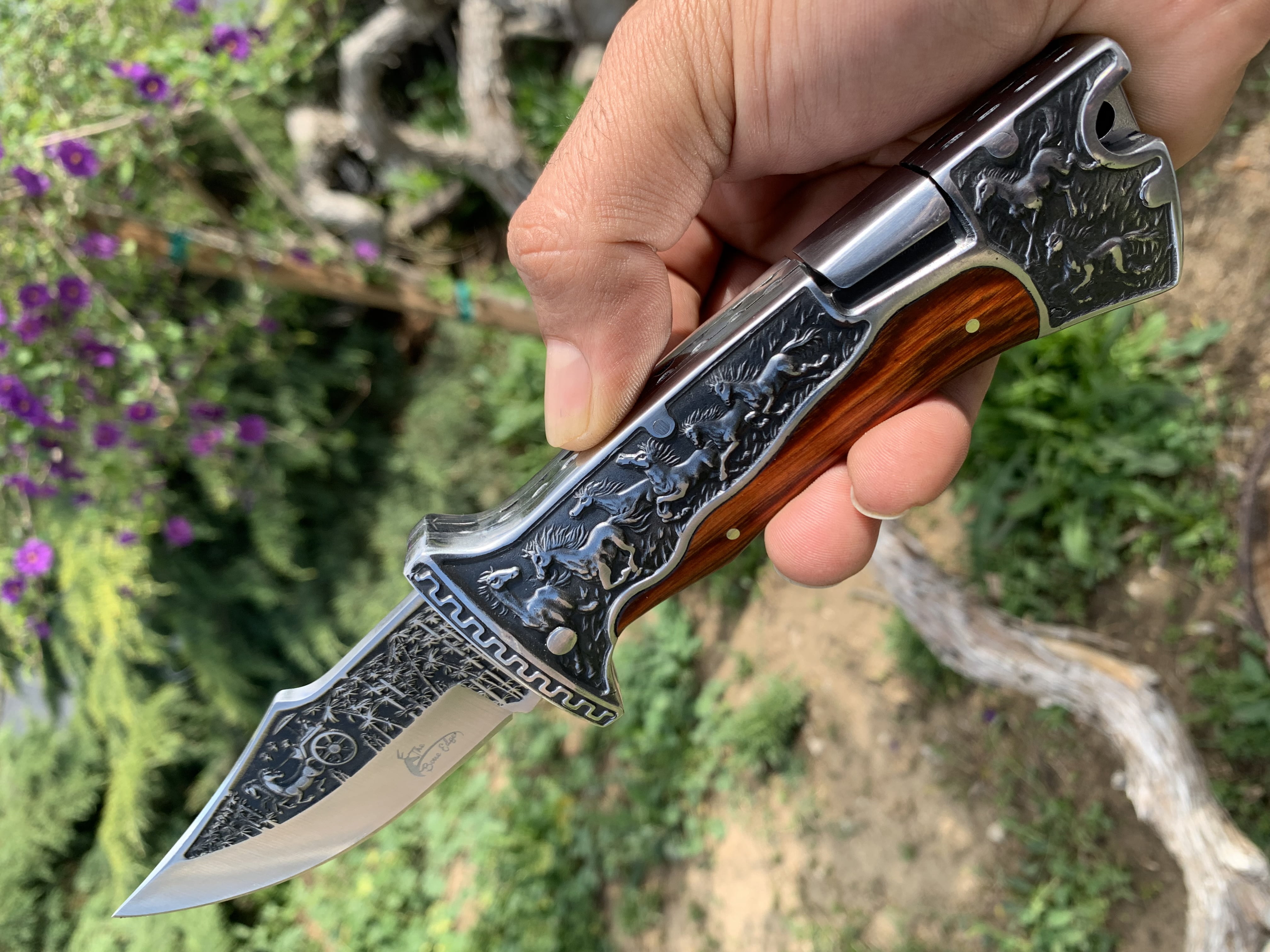 9" Engraved Hunting Folding Open Blade Pocket Knife Wood Handle 3CR13 Steel