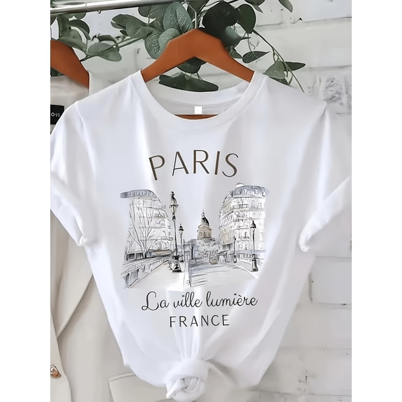 Summer Paris Fashion Print Round Neck Regular T-Shirt
