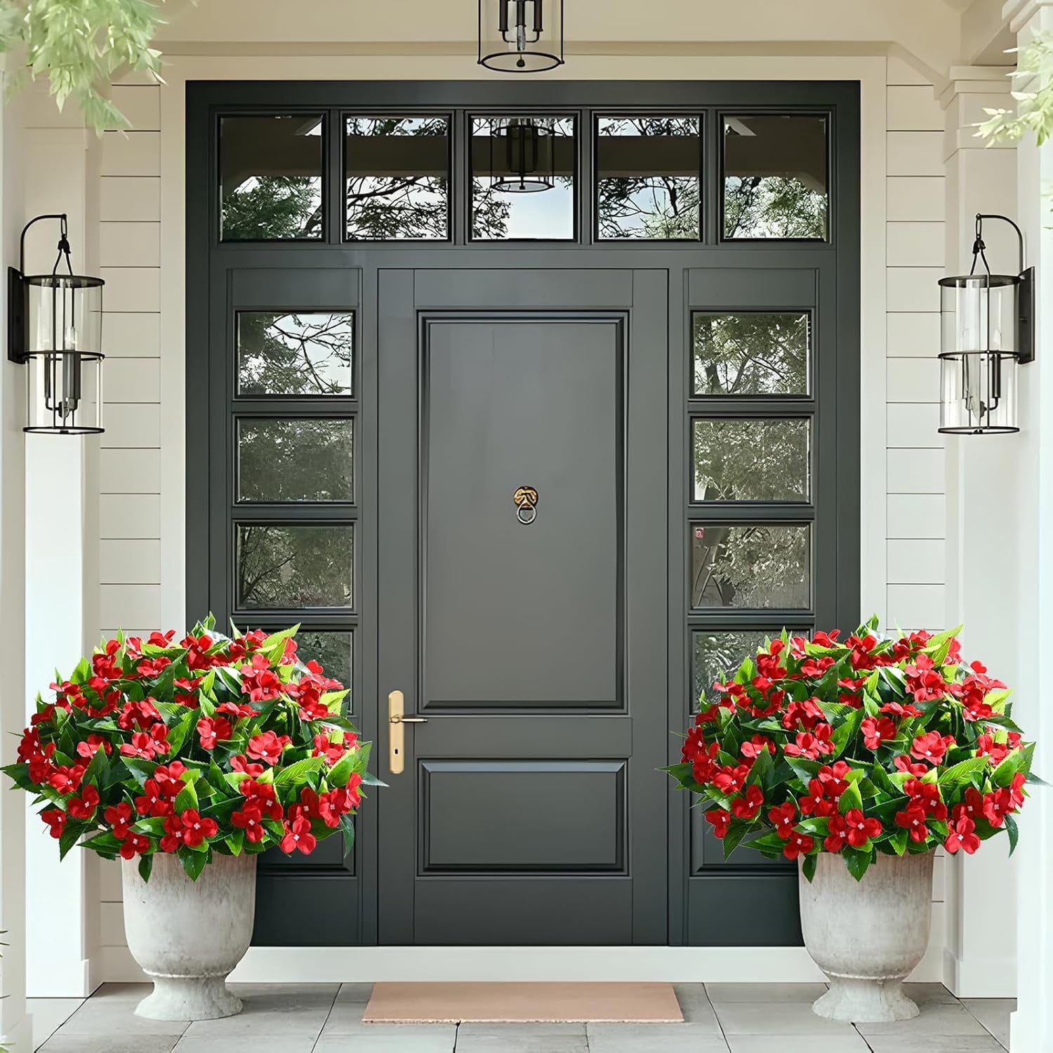 Yastouay 10 Pcs Artificial Flowers for Outdoors ,UV Resistant Faux Impatiens for Outdoor Planters,Red Silk Flowers for Front Door Porch Decorations