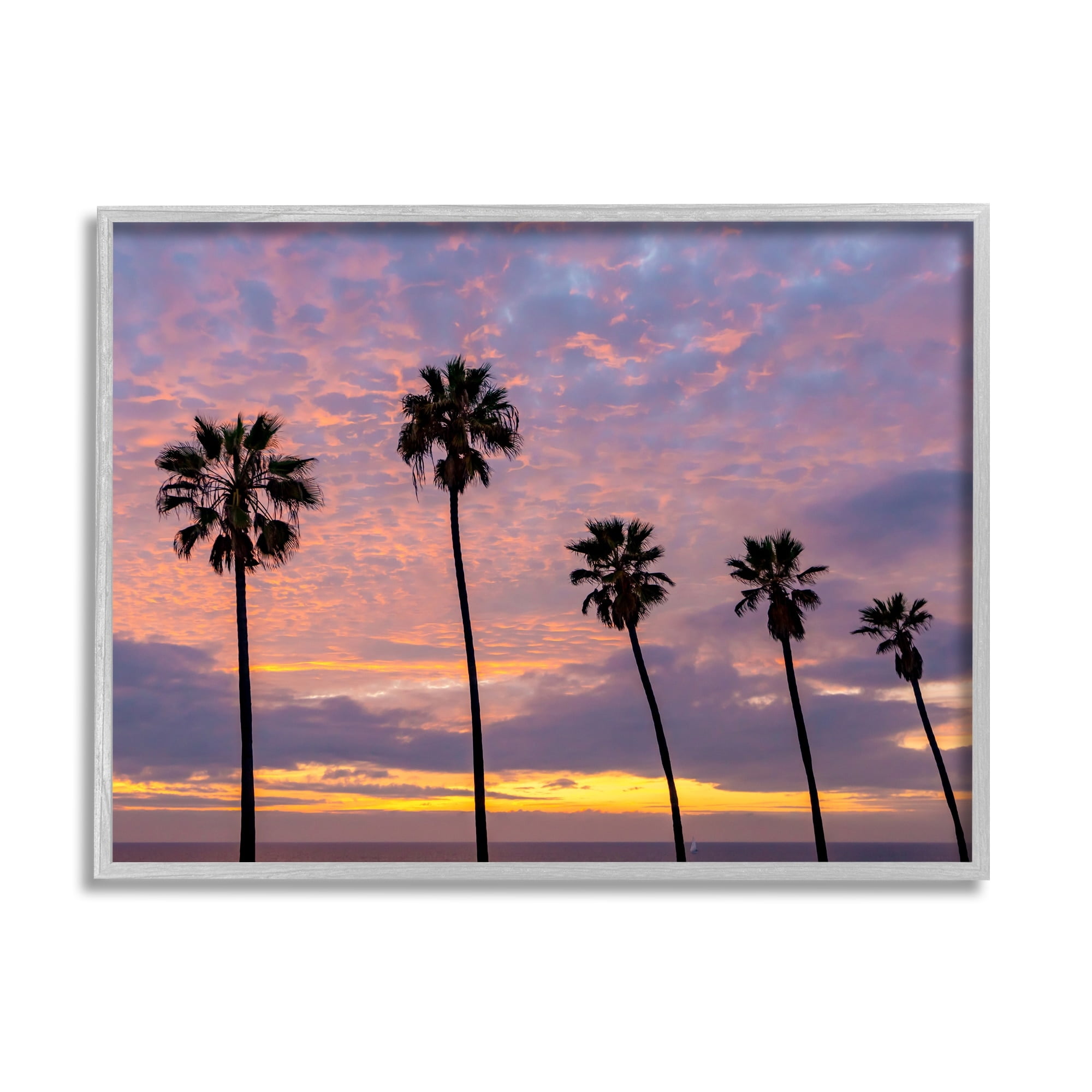 Stupell Industries Purple Cloudy Sunset Tall Palm Tree Silhouettes Photograph Gray Framed Art Print Wall Art, Design by Jeff Poe Photography