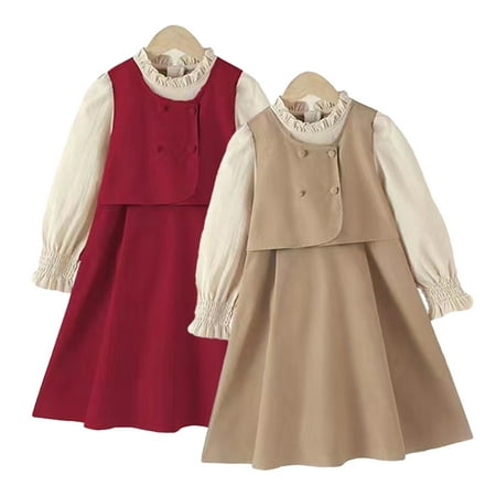 

AJZIOJIRO Kids Toddler Autumn Winter Fleece Dress for Girls 3-12 Baby Plush Dress Fashion Casual Dress Thick Warm Matching Fake Two-Piece Dress
