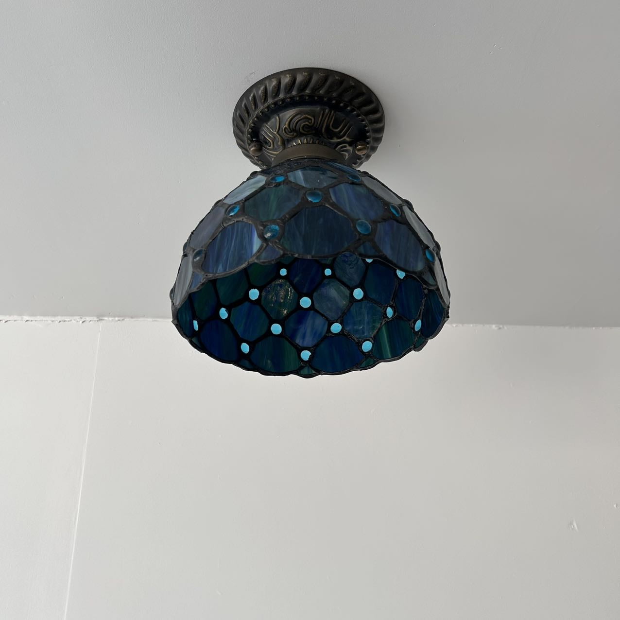 Tiffany Ceiling Lights Fixture 8"W*8"D*8"H Blue Stained Glass Crystal Glass 1-Light