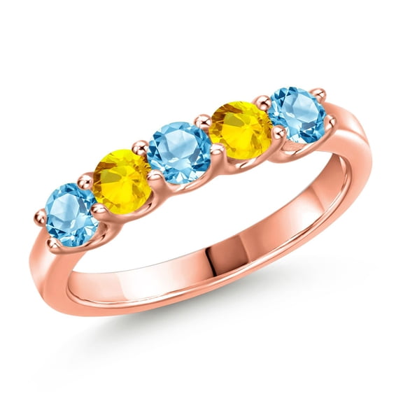 Gem Stone King 18K Rose Gold Plated Silver Swiss Blue Topaz and Yellow Sapphire Wedding-Bands Ring for Women | 0.92 Cttw | Round 3.5MM | Gemstone November Birthstone | Size 7
